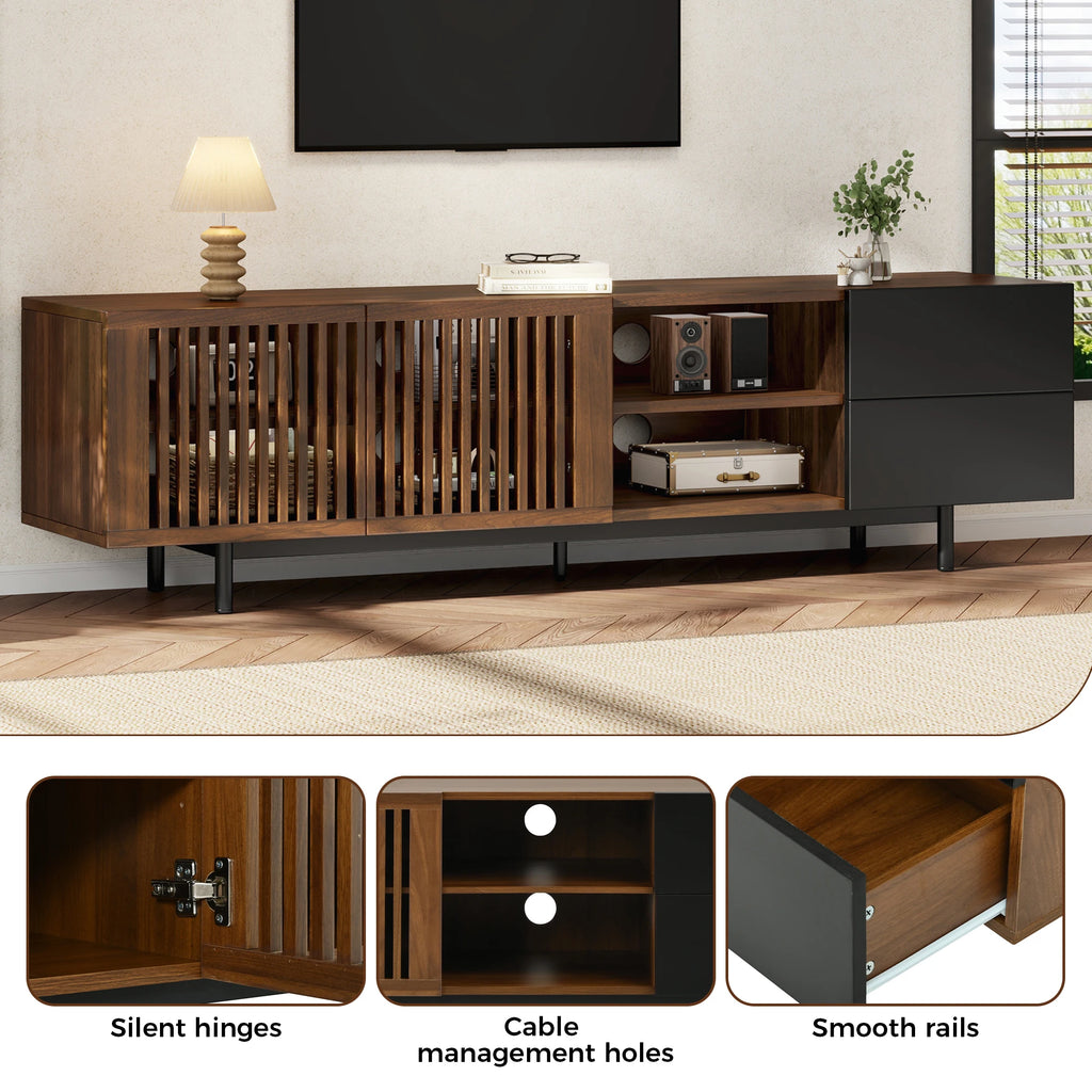 Meuble TV 160 cm, meuble télé en bois MDF avec portes à tasseaux, tiroirs et compartiments ouverts, meuble bas de salon au design noir et noyer