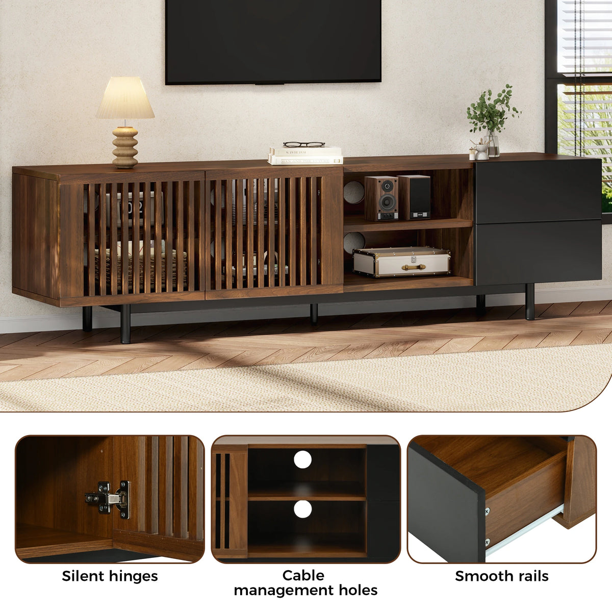 Meuble TV 160 cm, meuble télé en bois MDF avec portes à tasseaux, tiroirs et compartiments ouverts, meuble bas de salon au design noir et noyer