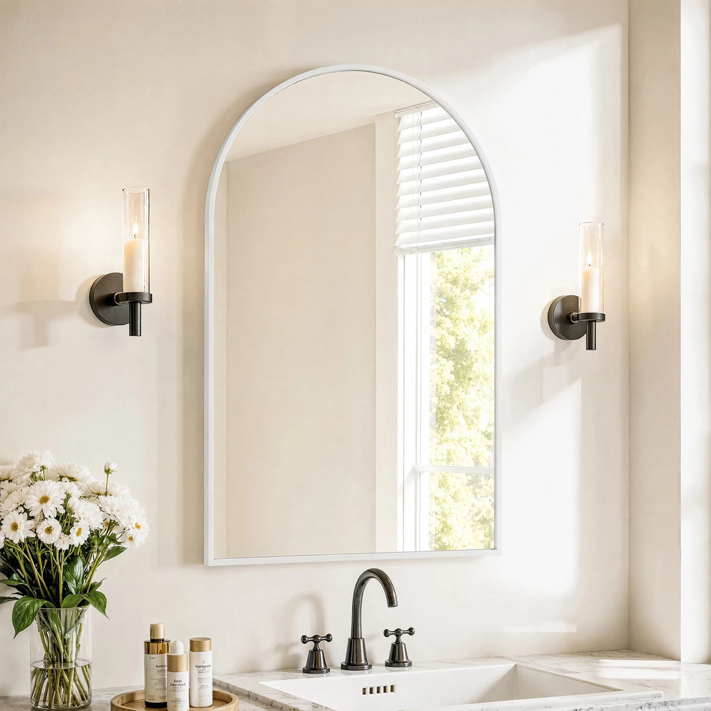Miroir mural en verre trempé Superaly 91x61 cm avec cadre en alliage d'aluminium, miroir arqué, miroir de salle de bain, miroir de maquillage, miroir de courtoisie pour salon, chambre, couloir, blanc