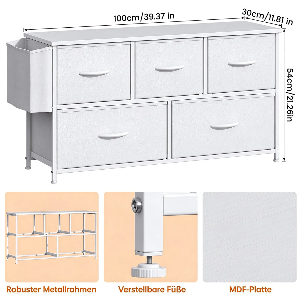 Commode blanche avec 5 tiroirs en tissu - Meuble de rangement avec poche latérale, cadre en acier et plateau en MDF, table de chevet pour chambre et salon