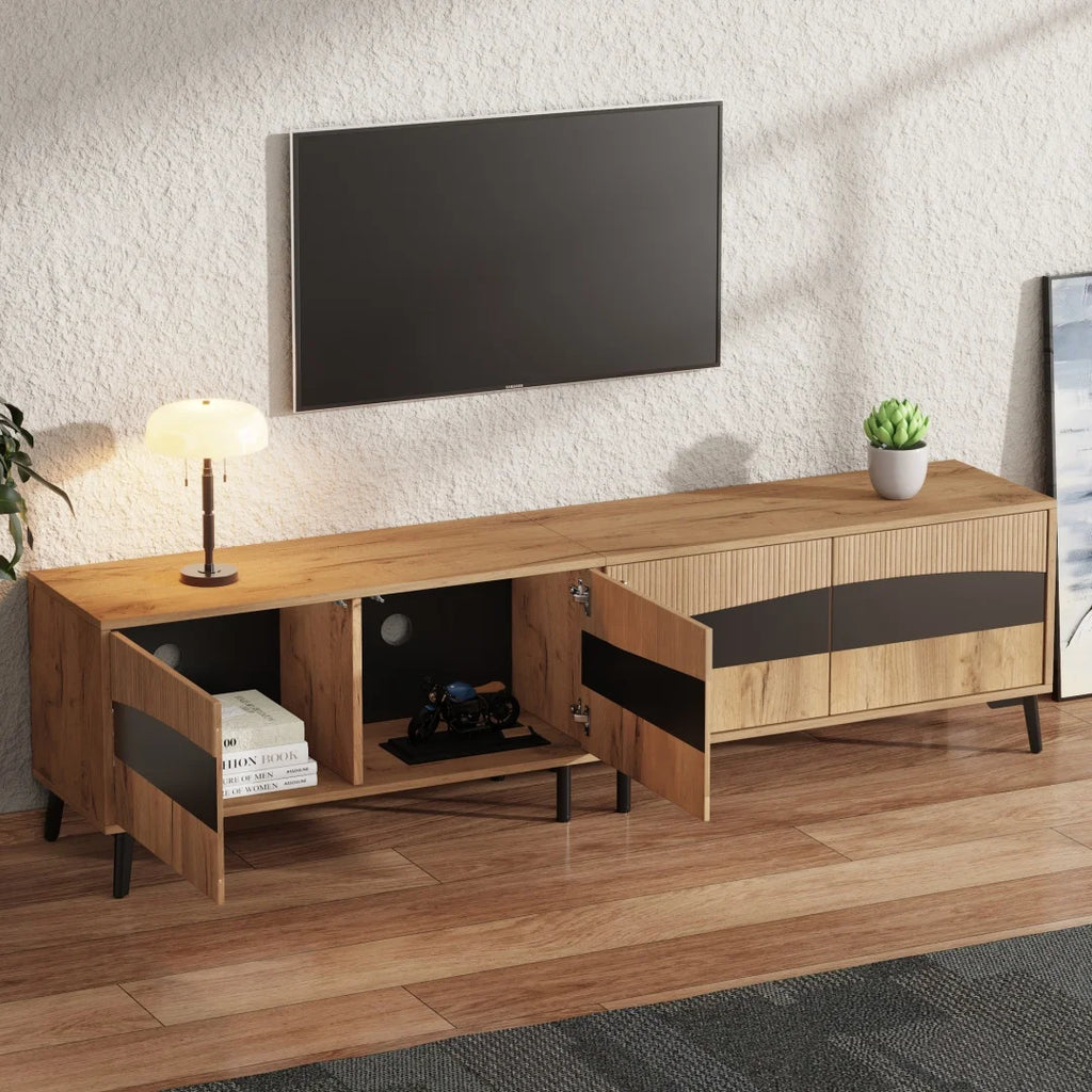 Meuble TV 80x40x50 cm, meuble télé bicolore effet bois et noir, meuble TV avec 4 compartiments, meuble de salon avec 8 pieds de support, capacité de charge recommandée 30 kg, design symétrique, meuble bas