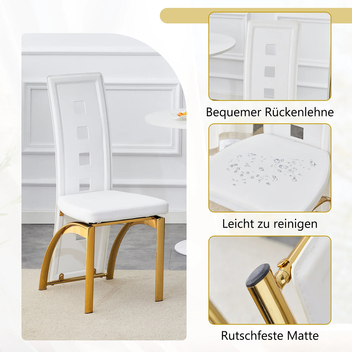 [Lot de 2] Chaises de salle à manger au design européen avec dossier ajouré, cuir synthétique (PU) blanc mat et pieds en métal doré brillant, hauteur 102,5 cm, pour salle à manger ou salon moderne