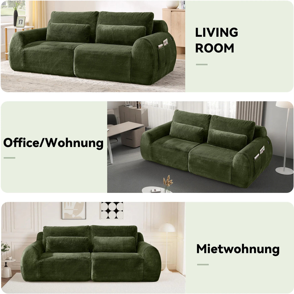 Canapé 2 places en tissu effet fourrure de lapin, vert, avec dossier haut, assise rembourrée à ressorts et poche latérale pour magazines. Son design compact est idéal pour un petit salon, un appartement, un bureau ou une chambre.