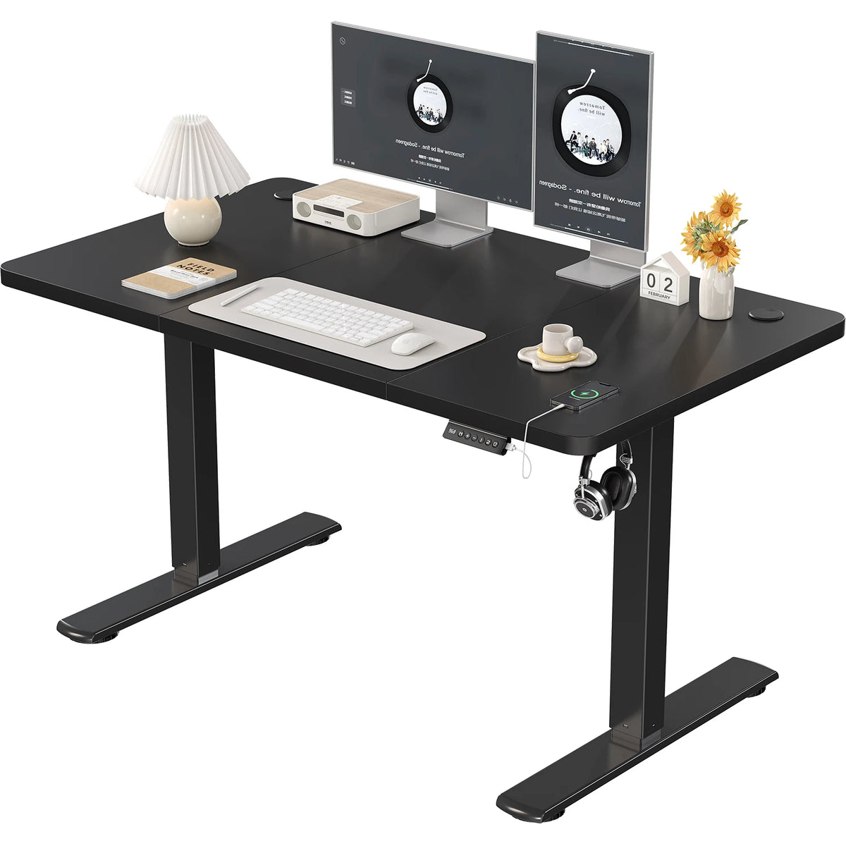 Bureau assis-debout ergonomique 120x60 cm pour ordinateur avec prises USB, table de bureau à domicile