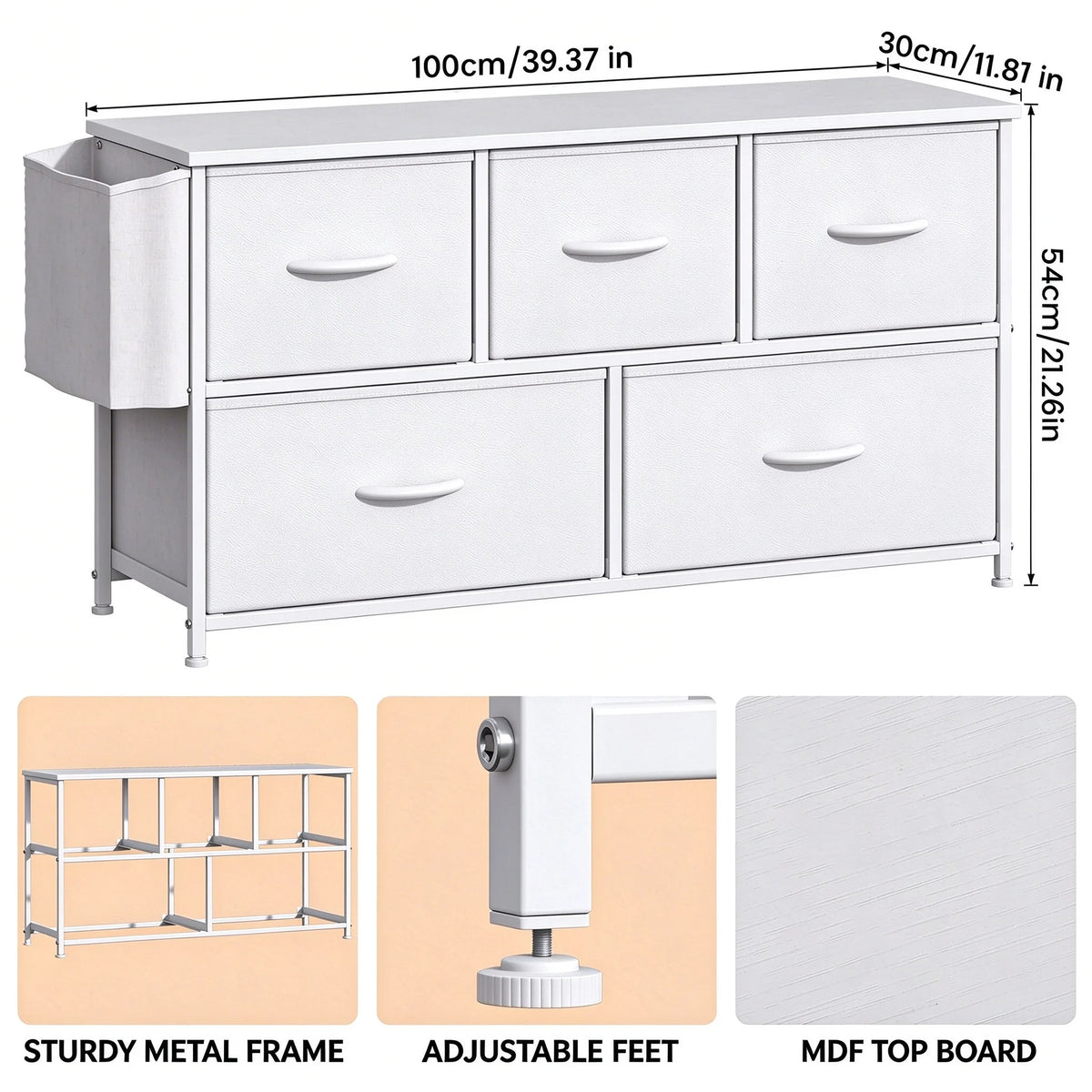 Commode blanche avec 5 tiroirs en tissu - Meuble de rangement avec poche latérale, cadre en acier et plateau en MDF, table de chevet pour chambre et salon
