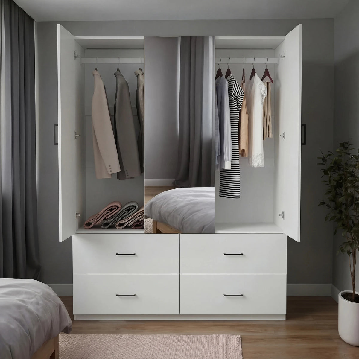 Armoire de chambre blanche moderne avec miroir et 4 tiroirs - Grand meuble de rangement et penderie pour chambre et dressing