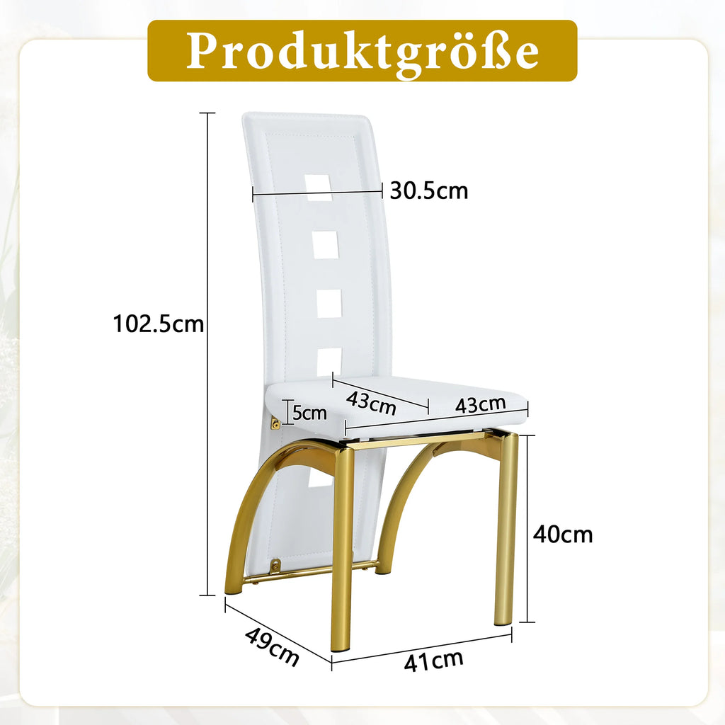 [Lot de 2] Chaises de salle à manger au design européen avec dossier ajouré, cuir synthétique (PU) blanc mat et pieds en métal doré brillant, hauteur 102,5 cm, pour salle à manger ou salon moderne