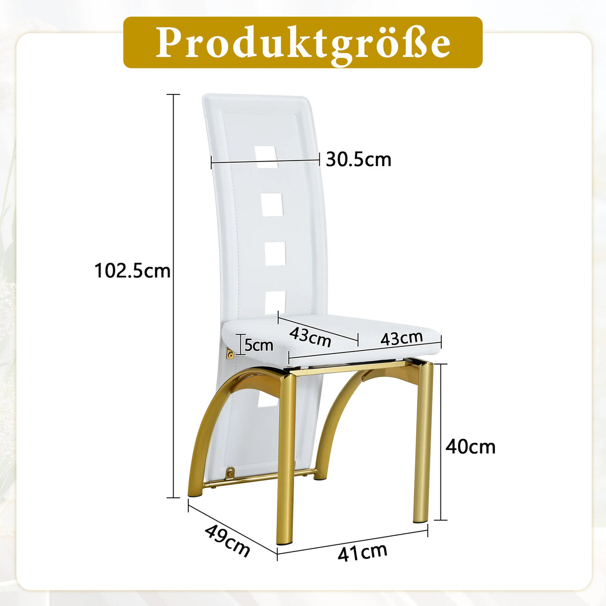 [Lot de 2] Chaises de salle à manger au design européen avec dossier ajouré, cuir synthétique (PU) blanc mat et pieds en métal doré brillant, hauteur 102,5 cm, pour salle à manger ou salon moderne