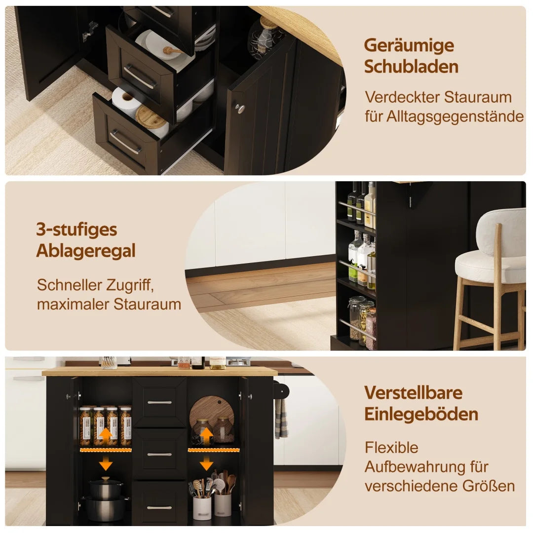 Îlot de cuisine mobile avec plan de travail rabattable - Desserte de cuisine sur roulettes avec étagères à 3 niveaux, 3 tiroirs et roulettes verrouillables - 120 x 45 (70) x 90 cm