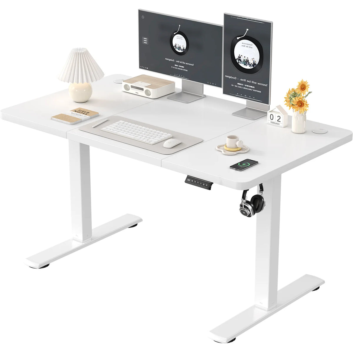 Bureau assis-debout ergonomique 120x60 cm pour ordinateur avec prises USB, table de bureau à domicile