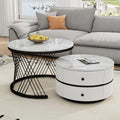 Lot de 2 tables basses gigognes blanches, 60x60x46 cm et 50x50x31 cm, tables rondes avec effet marbre haute brillance, 2 tiroirs, capacité jusqu'à 30 kg, ensemble de tables basses combinées gigognes