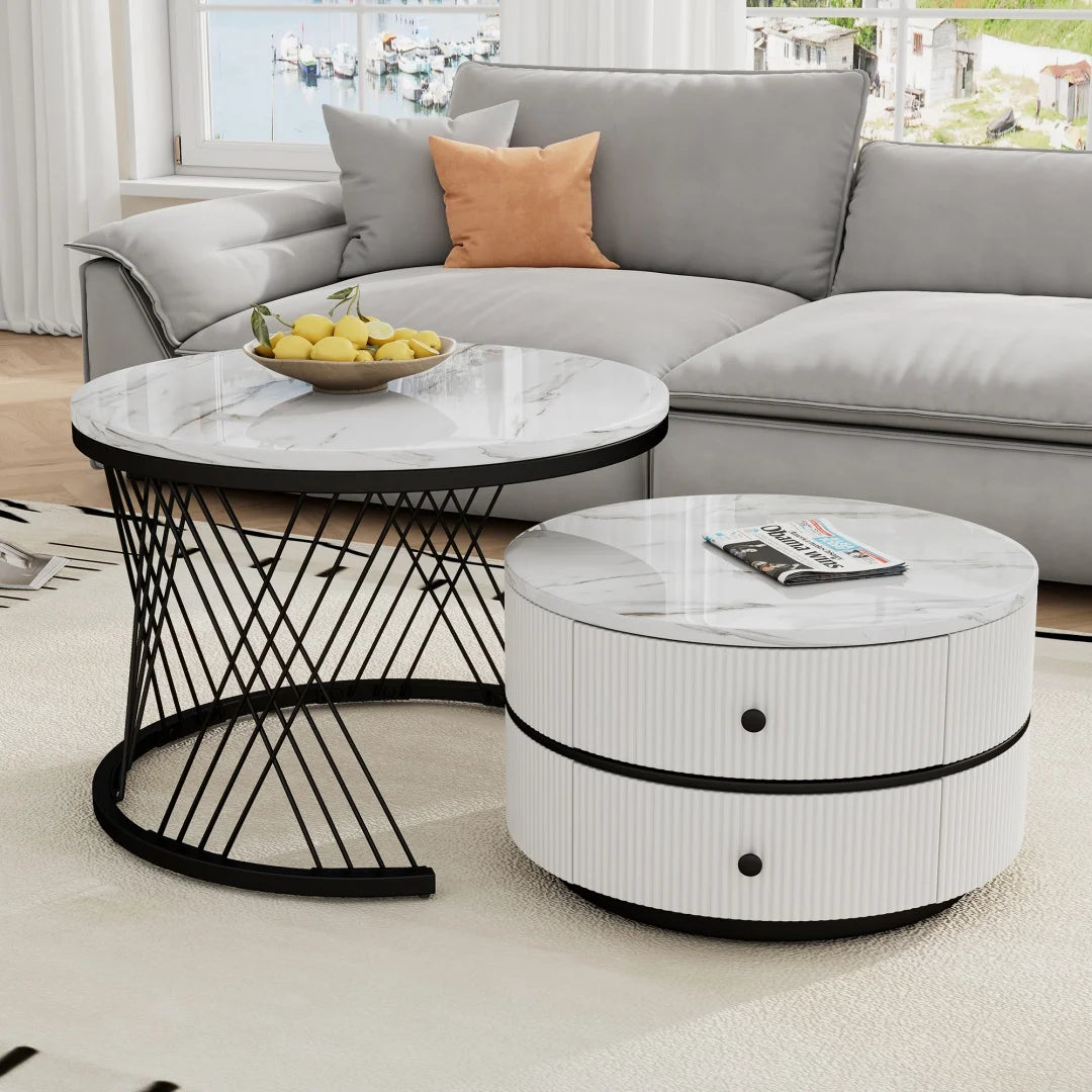 Lot de 2 tables basses gigognes blanches, 60x60x46 cm et 50x50x31 cm, tables rondes avec effet marbre haute brillance, 2 tiroirs, capacité jusqu'à 30 kg, ensemble de tables basses combinées gigognes