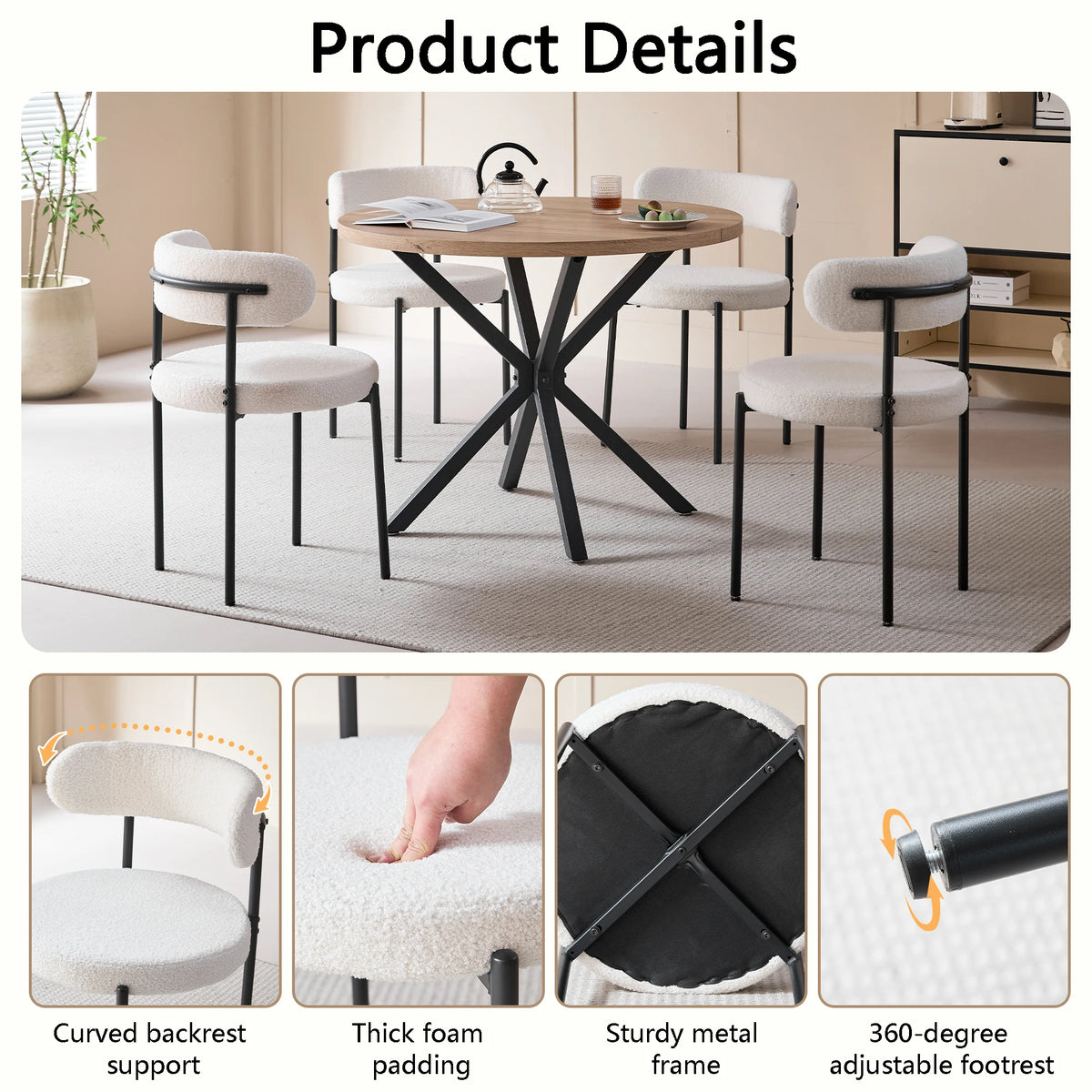 Chaises de salle à manger EGOONM style scandinave (lot de 2/4/6), chaises de cuisine rembourrées avec velours bouclette (effet teddy), pour maison, bureau et salle à manger