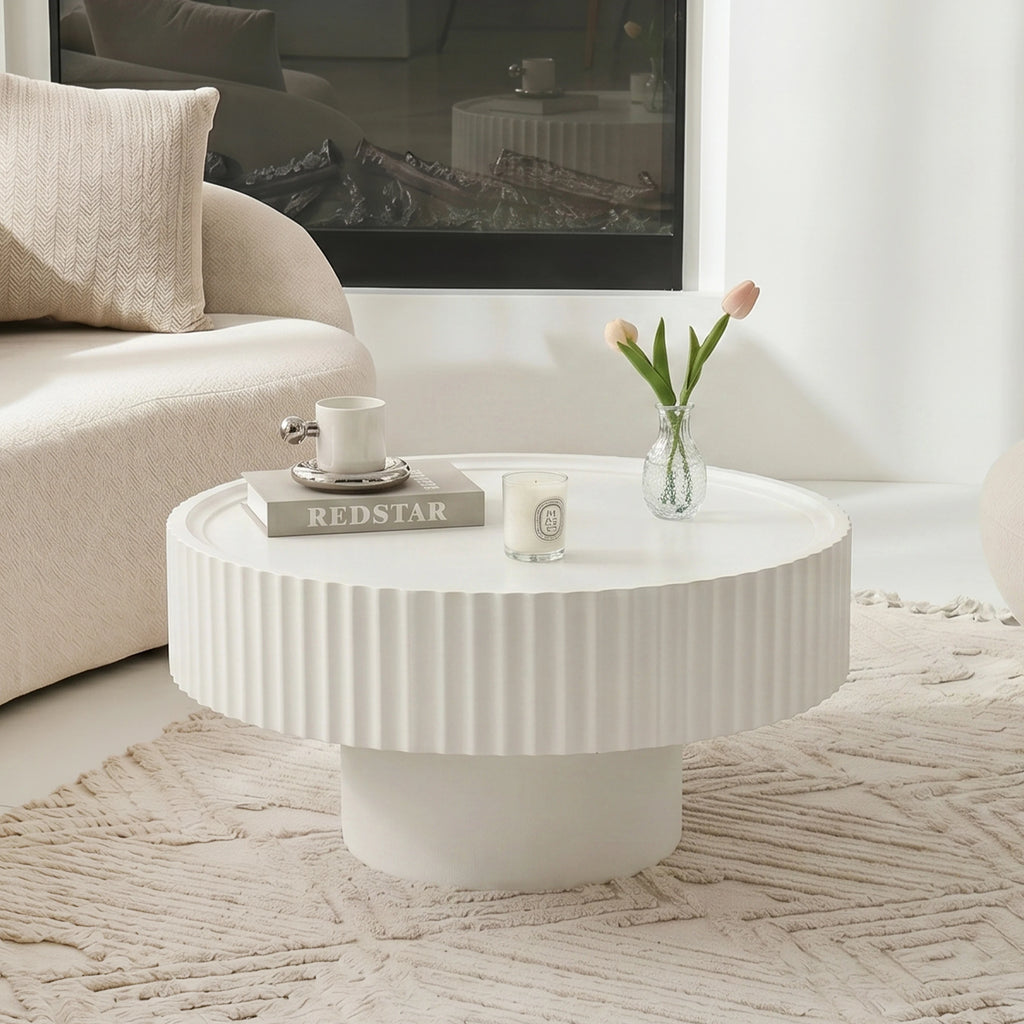 White Round Coffee Table Ø70 cm - Designer Table with Slatted Effect and Central Base for Modern, Japandi and Cocooning Living Rooms, Coffee Tables, End Tables, Living Room Tables, Nesting Tables, Pedestal Tables, Sofa Table
