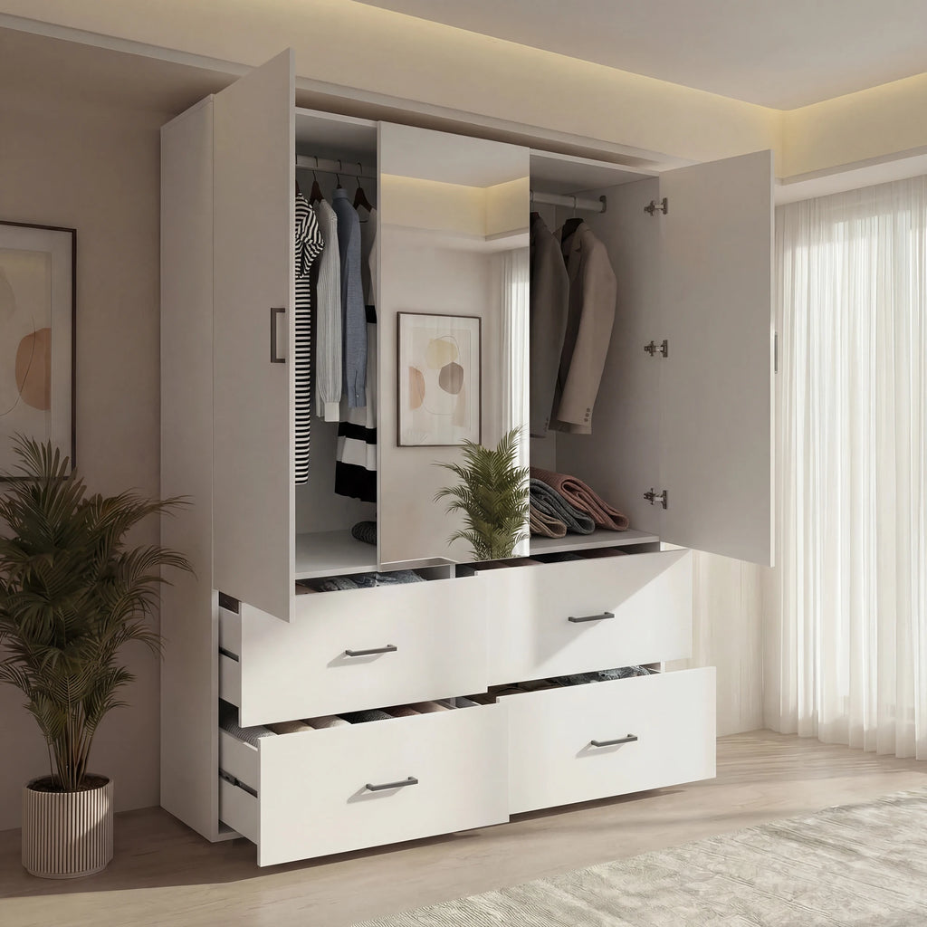 Armoire de chambre blanche moderne avec miroir et 4 tiroirs - Grand meuble de rangement et penderie pour chambre et dressing