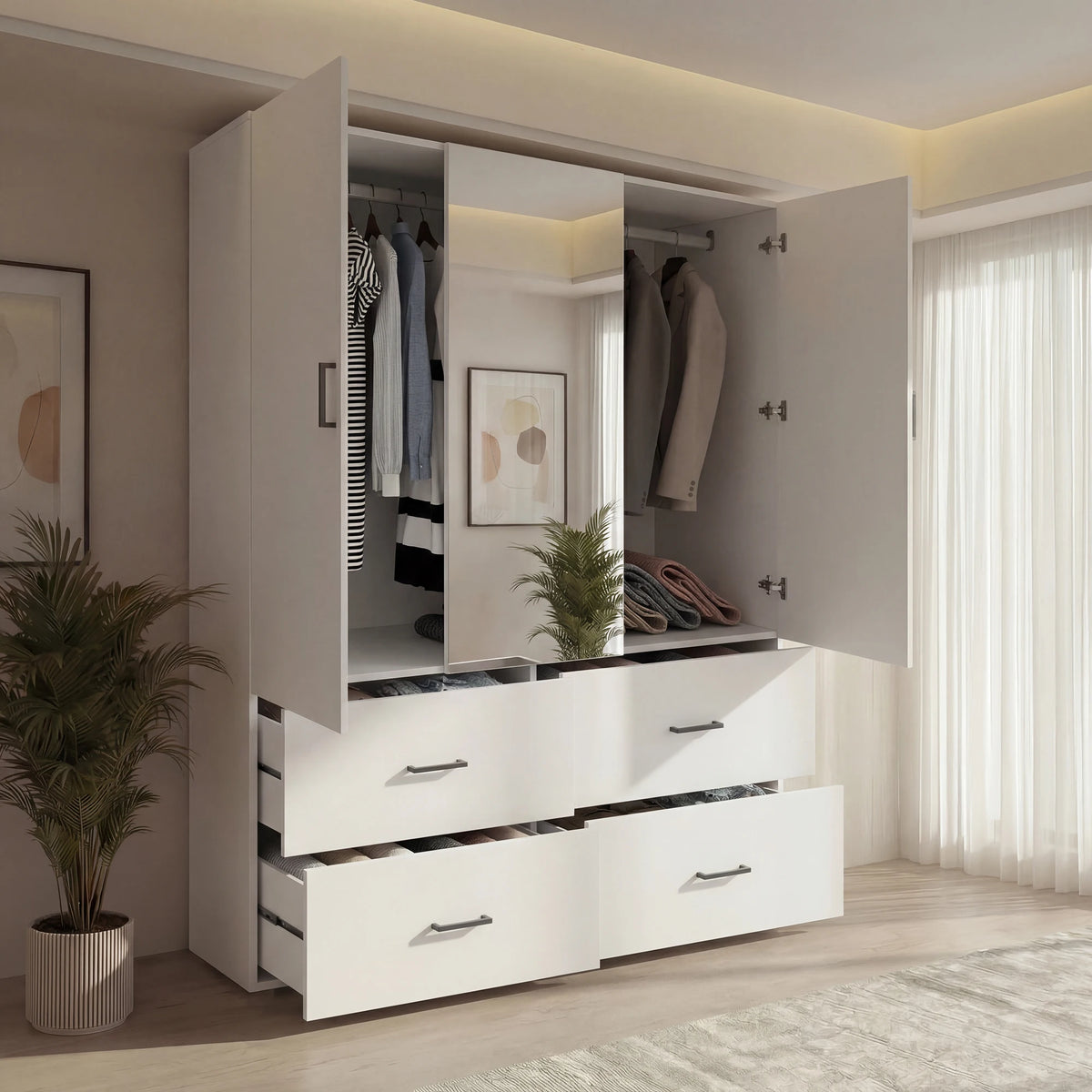 Armoire de chambre blanche moderne avec miroir et 4 tiroirs - Grand meuble de rangement et penderie pour chambre et dressing