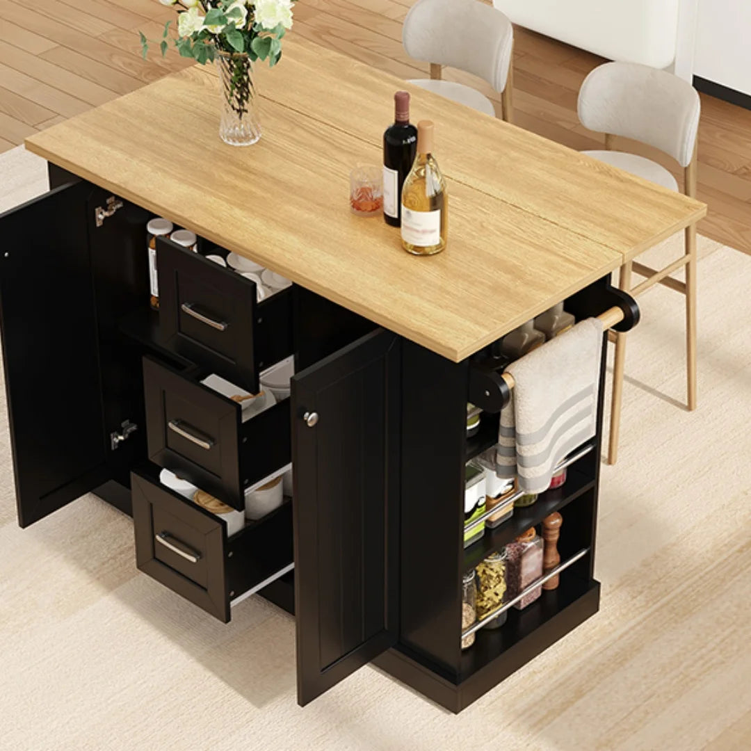 Îlot de cuisine mobile avec plan de travail rabattable - Desserte de cuisine sur roulettes avec étagères à 3 niveaux, 3 tiroirs et roulettes verrouillables - 120 x 45 (70) x 90 cm