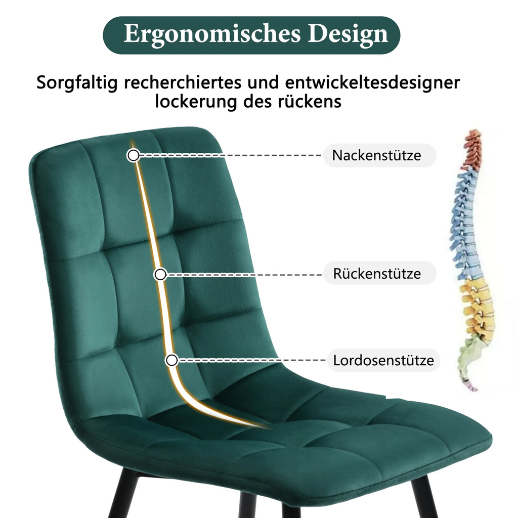 Set of 4 dining chairs with velvet upholstery and metal legs, with backrest and decorative stitching, modern chair set, ergonomic design, for dining area, bedroom or reception room, green