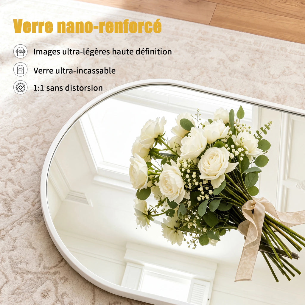 Miroir mural en verre trempé Superaly 91x61 cm avec cadre en alliage d'aluminium, miroir arqué, miroir de salle de bain, miroir de maquillage, miroir de courtoisie pour salon, chambre, couloir, blanc