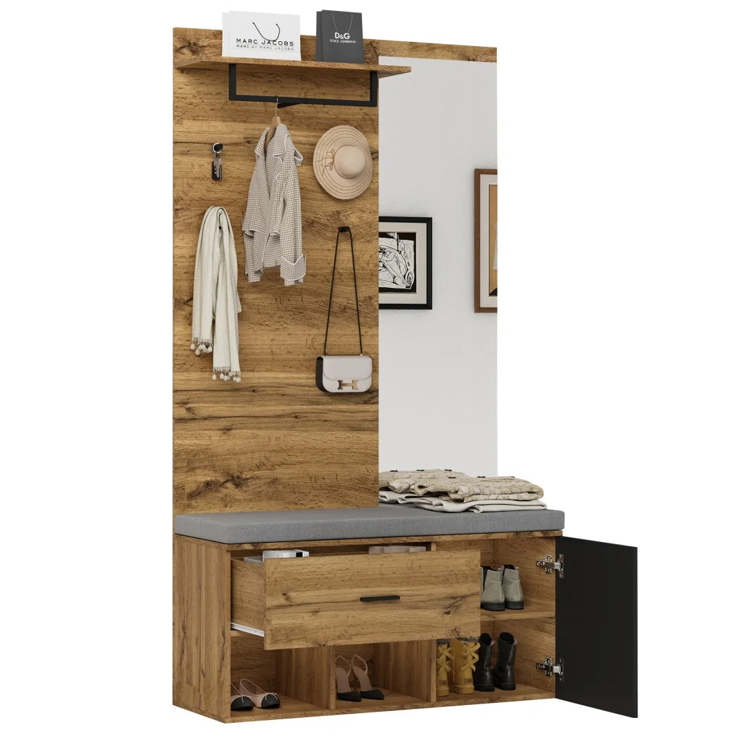 Meuble d'entrée avec miroir, banc à chaussures (104 x 39 cm) avec rembourrage, meuble à chaussures, tiroir, étagère, crochets portemanteaux – Design pratique pour l'entrée