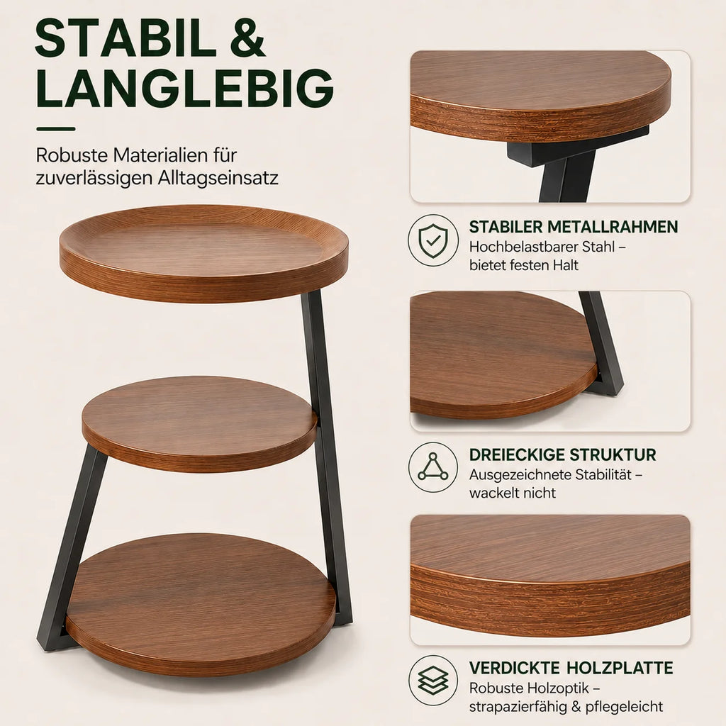 Table d'appoint ronde à 3 niveaux effet bois marron, petite table de chevet avec rangement, structure en métal thermolaqué, plateau étanche, table de bout de canapé gain de place pour salon, chambre, balcon et extérieur