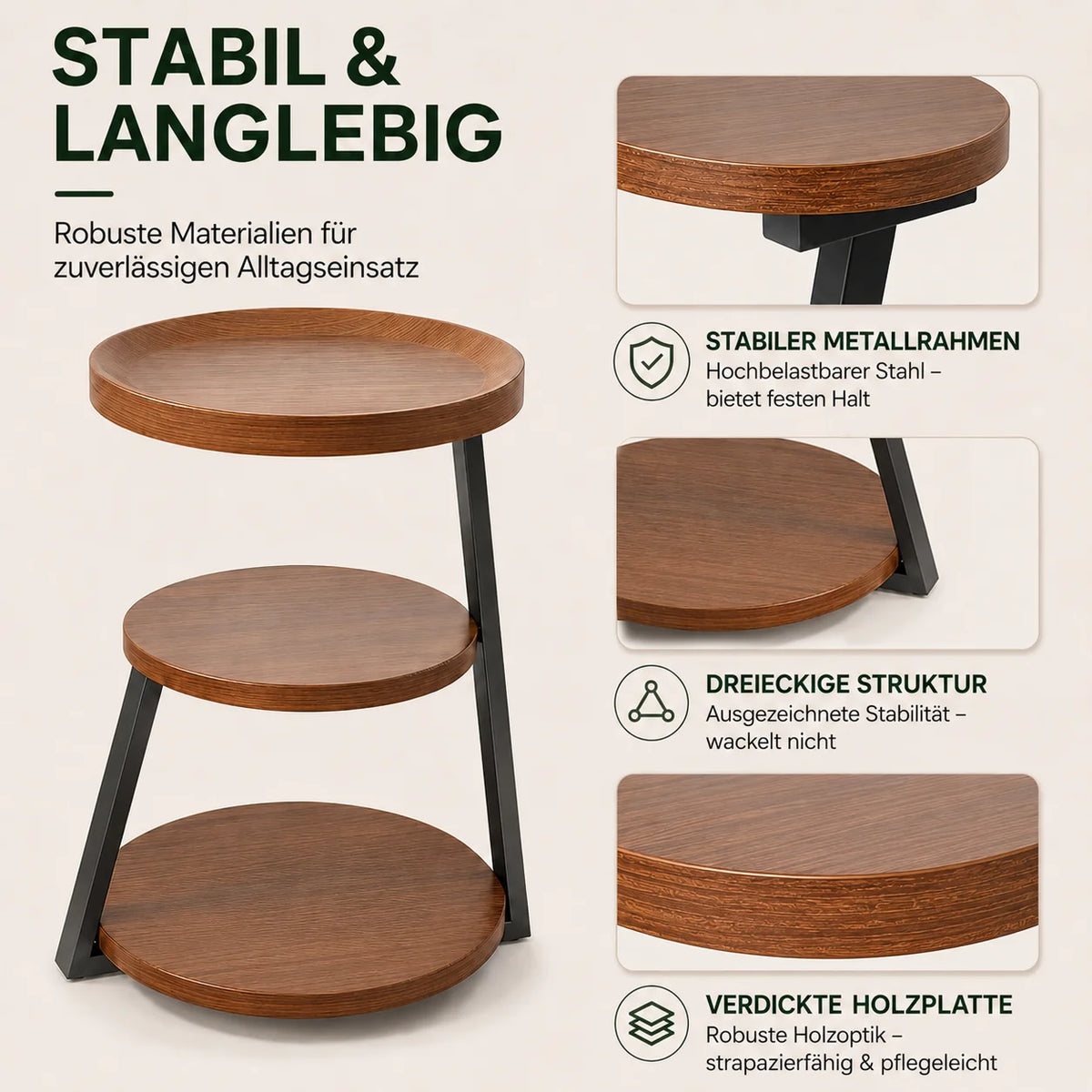 Table d'appoint ronde à 3 niveaux effet bois marron, petite table de chevet avec rangement, structure en métal thermolaqué, plateau étanche, table de bout de canapé gain de place pour salon, chambre, balcon et extérieur