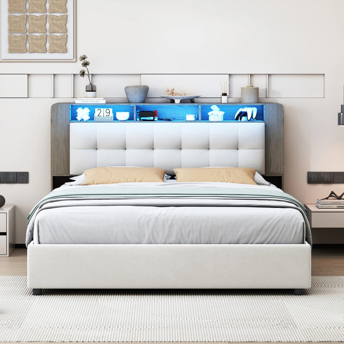 Lit rembourré Simurq avec espace de rangement 140 x 200 cm, lit double avec coffre de rangement hydraulique, lit pour adolescent avec sommier à lattes et coffre de lit, en velours, sans matelas, blanc cassé