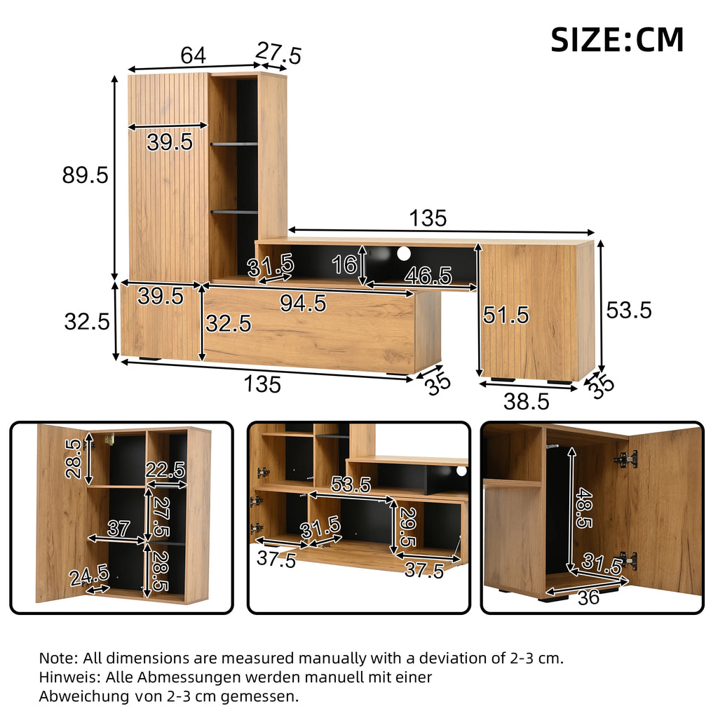 Ensemble meuble TV mural pour salon avec vitrine d'exposition (ensemble complet, 2 unités), mur média incluant meuble TV et étagère sur pied, ensemble de meubles de salon pour TV, meuble TV à longueur modulable jusqu'à 265 cm, à poser ou suspendre, pour T
