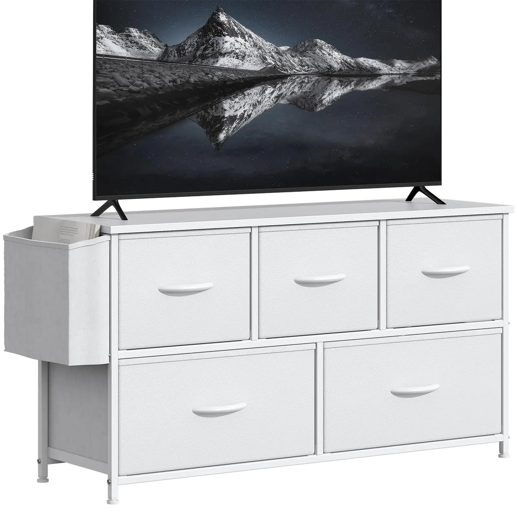 Commode blanche avec 5 tiroirs en tissu - Meuble de rangement avec poche latérale, cadre en acier et plateau en MDF, table de chevet pour chambre et salon