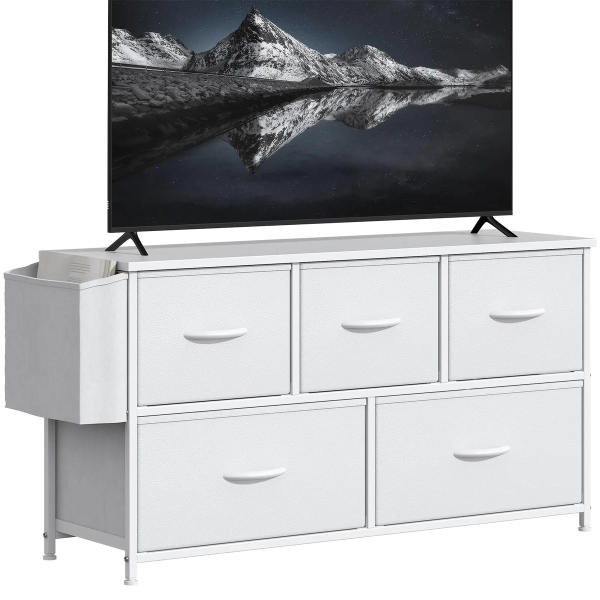 Commode blanche avec 5 tiroirs en tissu - Meuble de rangement avec poche latérale, cadre en acier et plateau en MDF, table de chevet pour chambre et salon
