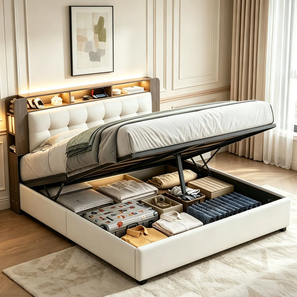 Lit rembourré Simurq avec espace de rangement 140 x 200 cm, lit double avec coffre de rangement hydraulique, lit pour adolescent avec sommier à lattes et coffre de lit, en velours, sans matelas, blanc cassé