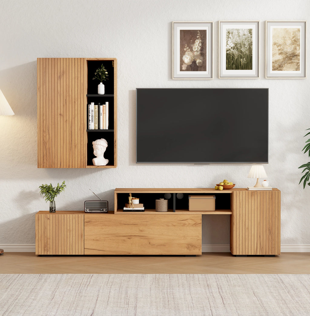 Ensemble meuble TV mural pour salon avec vitrine d'exposition (ensemble complet, 2 unités), mur média incluant meuble TV et étagère sur pied, ensemble de meubles de salon pour TV, meuble TV à longueur modulable jusqu'à 265 cm, à poser ou suspendre, pour T