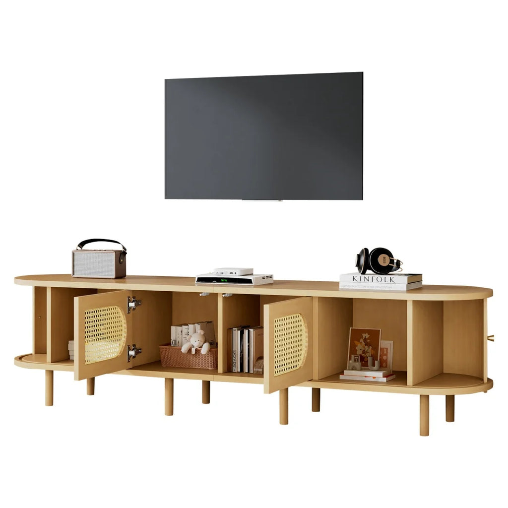 Meuble TV ovale 180x40x40 cm couleur bois clair avec design en rotin, deux portes de placard, deux portes coulissantes, meuble télé bas de salon en MDF, adapté aux téléviseurs jusqu'à 75 pouces
