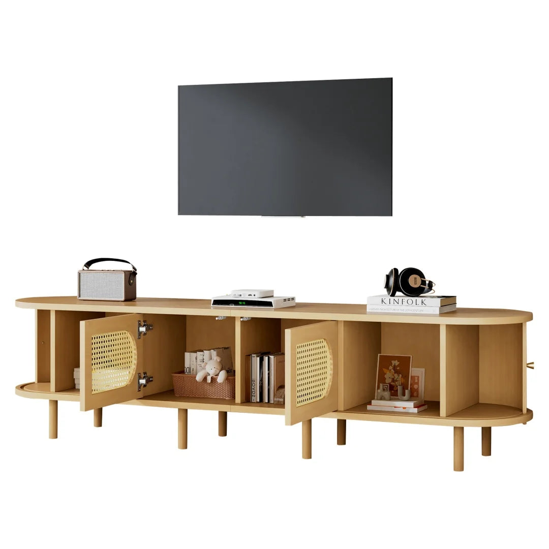 Meuble TV ovale 180x40x40 cm couleur bois clair avec design en rotin, deux portes de placard, deux portes coulissantes, meuble télé bas de salon en MDF, adapté aux téléviseurs jusqu'à 75 pouces