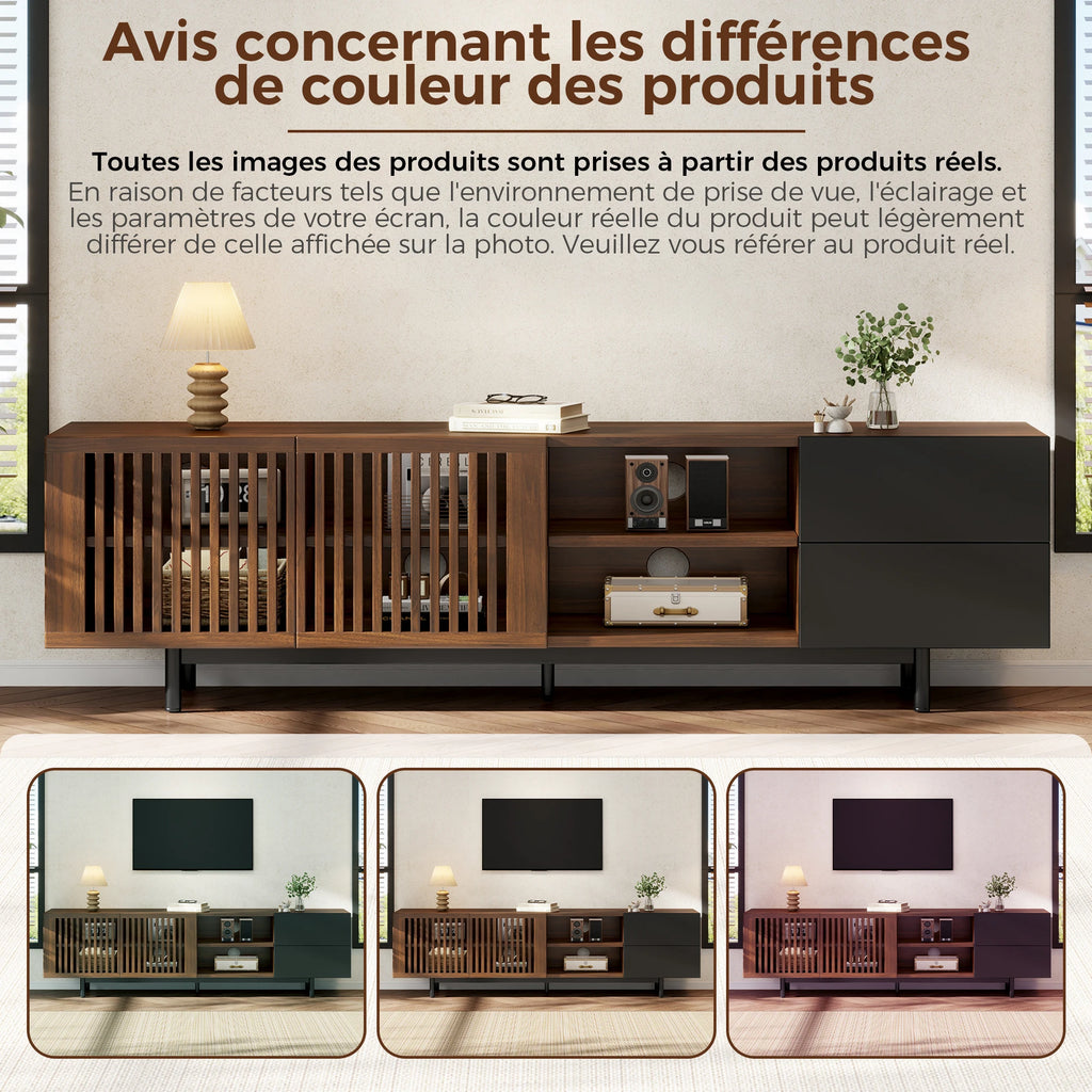 Meuble TV 160 cm, meuble télé en bois MDF avec portes à tasseaux, tiroirs et compartiments ouverts, meuble bas de salon au design noir et noyer