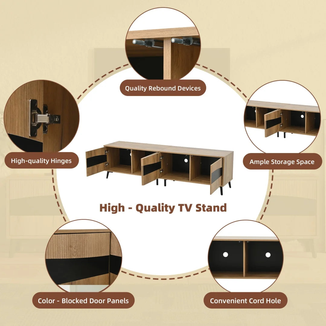 Meuble TV 80x40x50 cm, meuble télé bicolore effet bois et noir, meuble TV avec 4 compartiments, meuble de salon avec 8 pieds de support, capacité de charge recommandée 30 kg, design symétrique, meuble bas