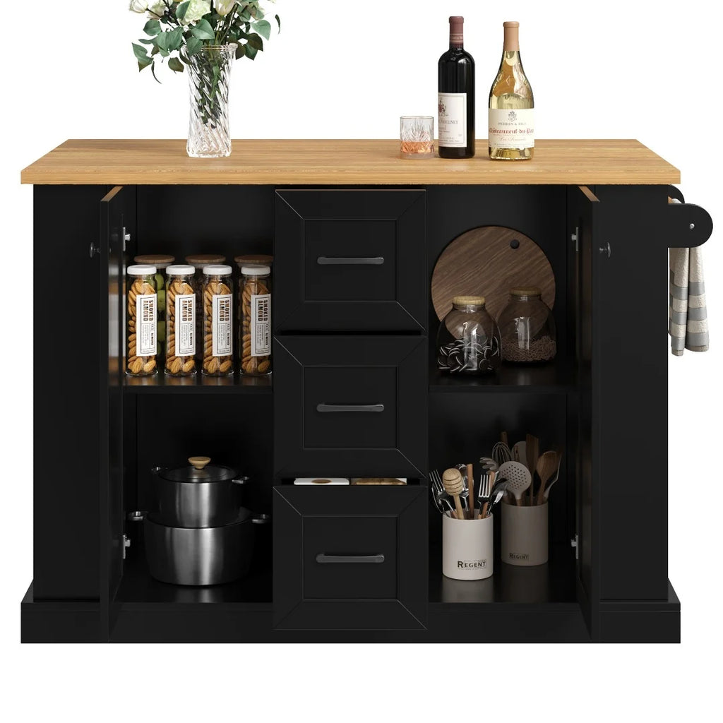 Îlot de cuisine mobile avec plan de travail rabattable - Desserte de cuisine sur roulettes avec étagères à 3 niveaux, 3 tiroirs et roulettes verrouillables - 120 x 45 (70) x 90 cm