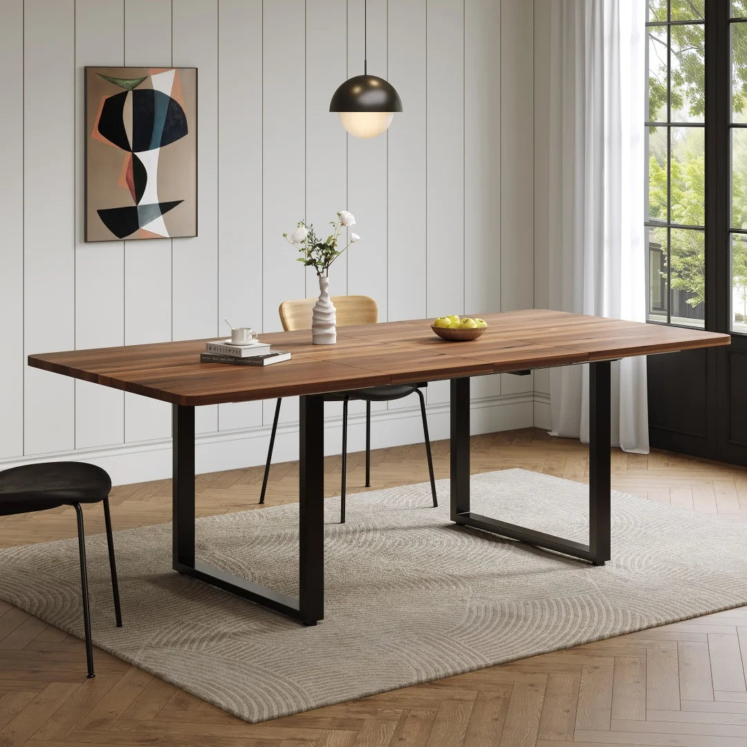 Table à manger extensible avec 3 longueurs (140/180/220 x 80 cm) - Convient pour 6 à 10 personnes, forme droite, pieds en métal, style simple pour salle à manger et cuisine - Couleur bois de noyer