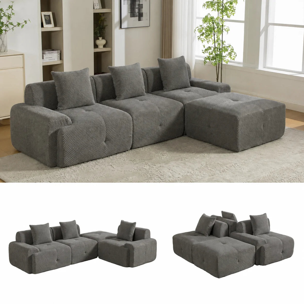 Canapé modulable 3 places en chenille beige avec mousse haute élasticité 30D et compression sous vide, sans montage avec sol antidérapant, polyvalent pour salon, chambre et bureau à domicile