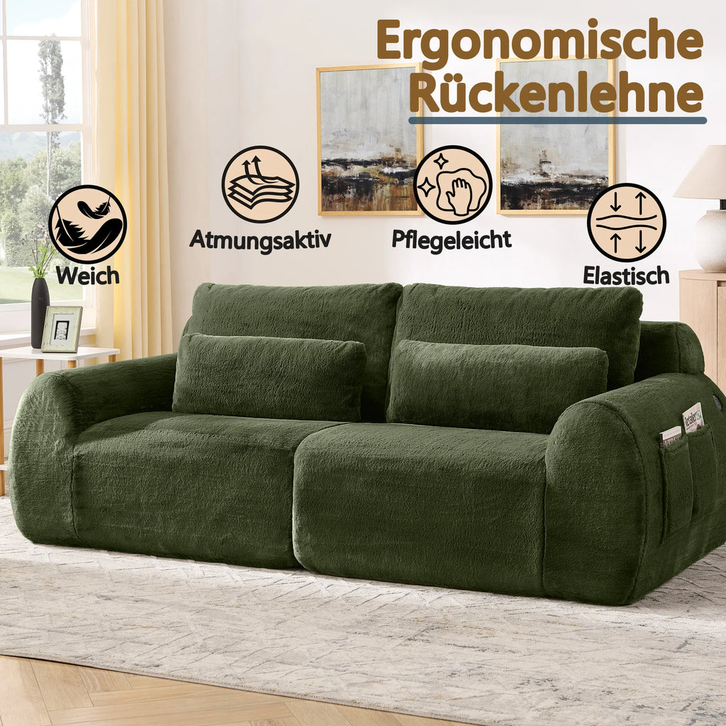Canapé 2 places en tissu effet fourrure de lapin, vert, avec dossier haut, assise rembourrée à ressorts et poche latérale pour magazines. Son design compact est idéal pour un petit salon, un appartement, un bureau ou une chambre.