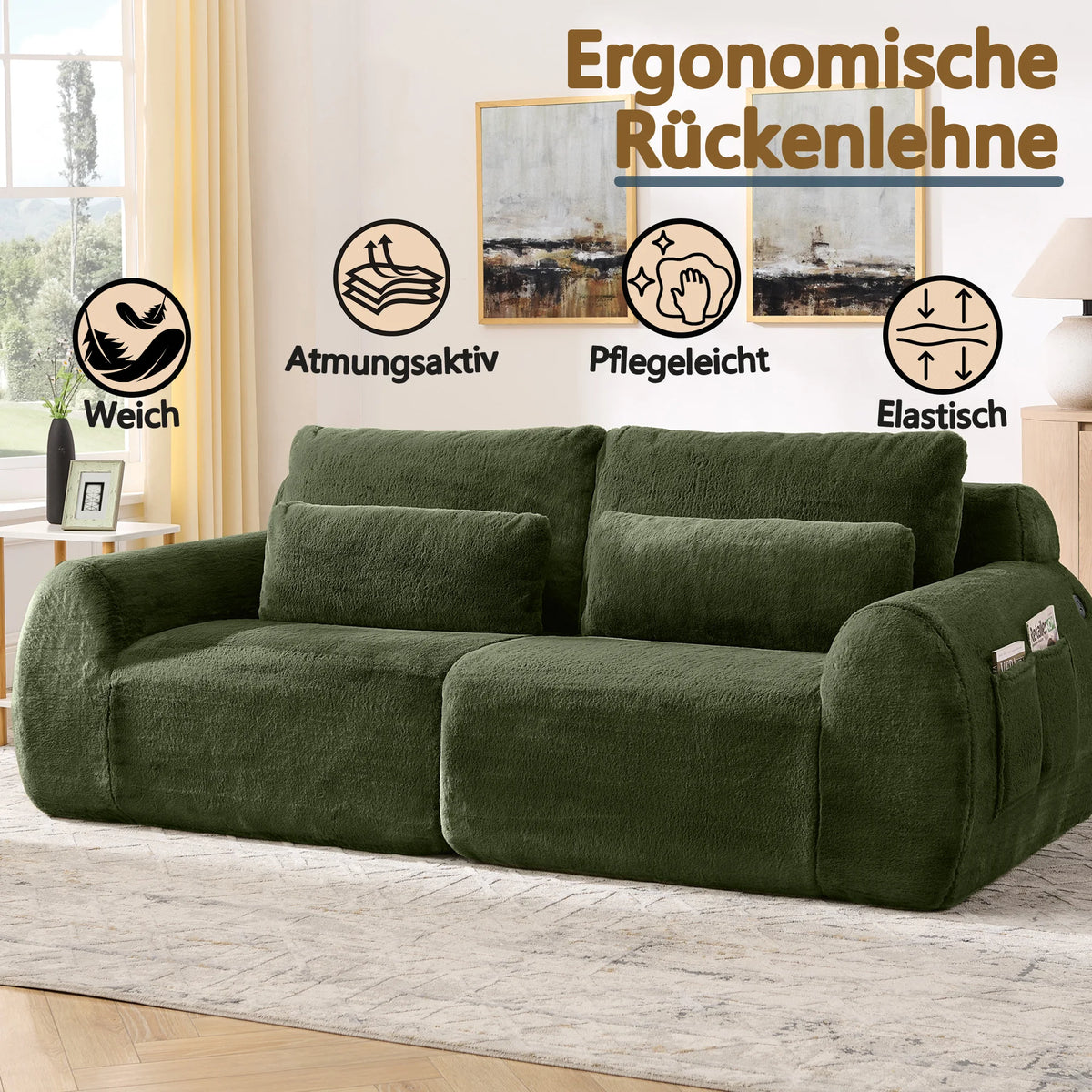 Canapé 2 places en tissu effet fourrure de lapin, vert, avec dossier haut, assise rembourrée à ressorts et poche latérale pour magazines. Son design compact est idéal pour un petit salon, un appartement, un bureau ou une chambre.