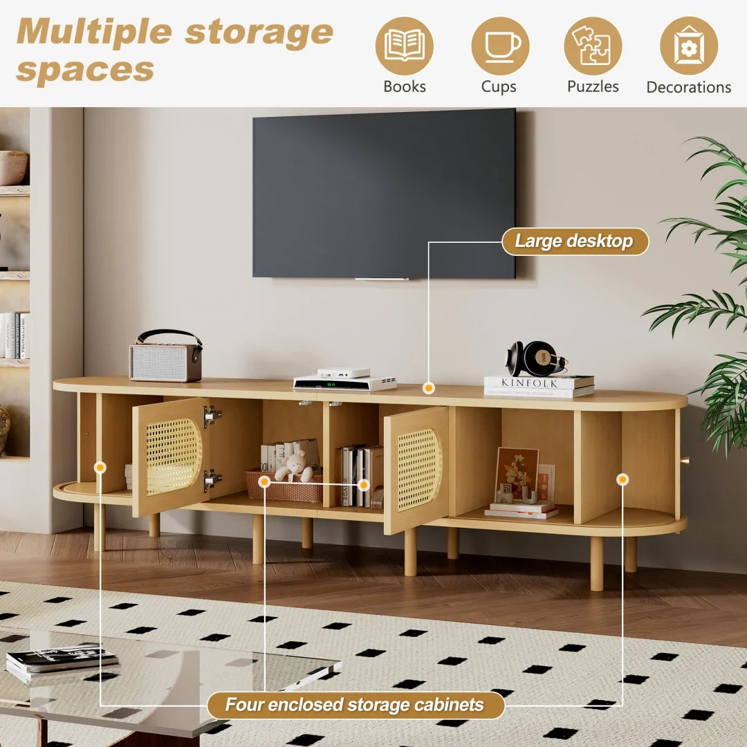 Meuble TV ovale 180x40x40 cm couleur bois clair avec design en rotin, deux portes de placard, deux portes coulissantes, meuble télé bas de salon en MDF, adapté aux téléviseurs jusqu'à 75 pouces