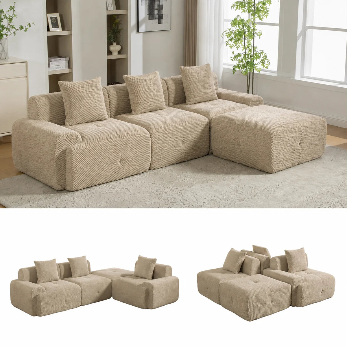 Canapé modulable 3 places en chenille beige avec mousse haute élasticité 30D et compression sous vide, sans montage avec sol antidérapant, polyvalent pour salon, chambre et bureau à domicile