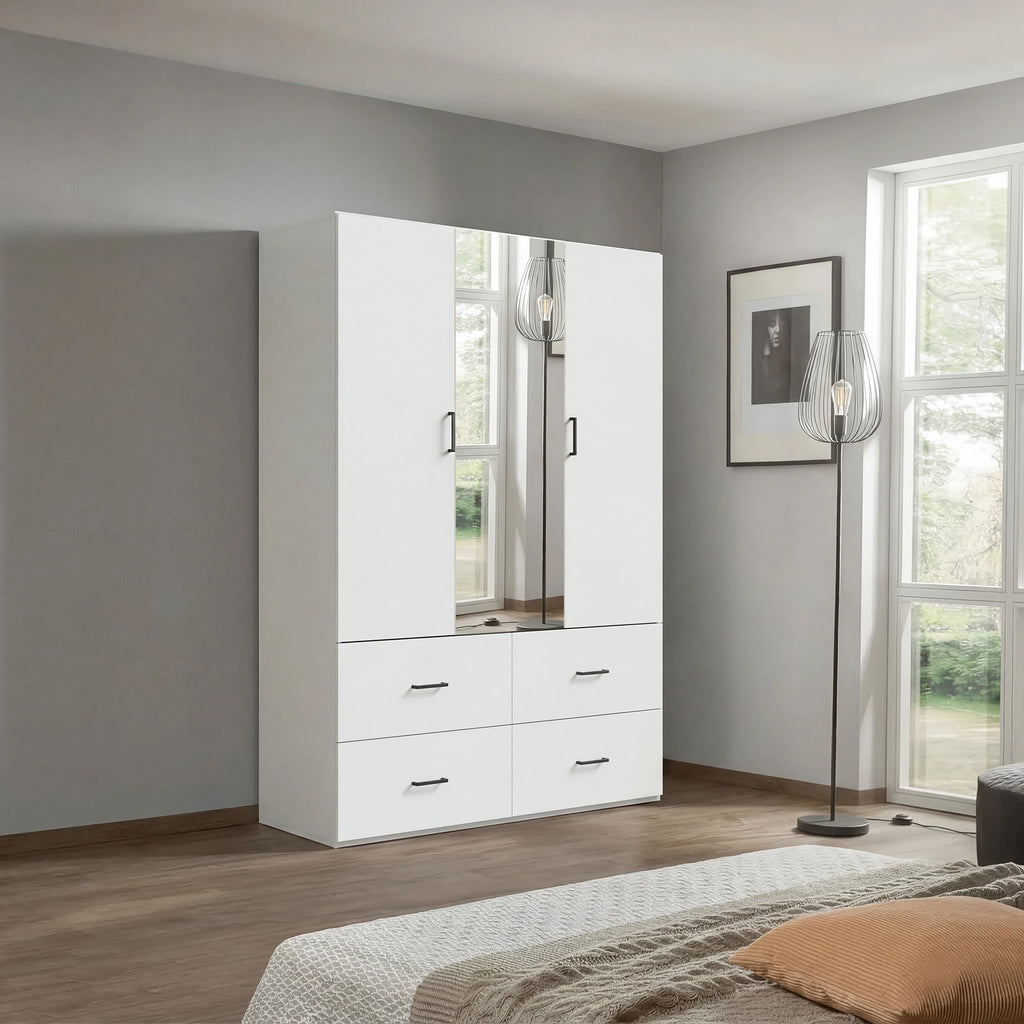 Armoire de chambre blanche moderne avec miroir et 4 tiroirs - Grand meuble de rangement et penderie pour chambre et dressing