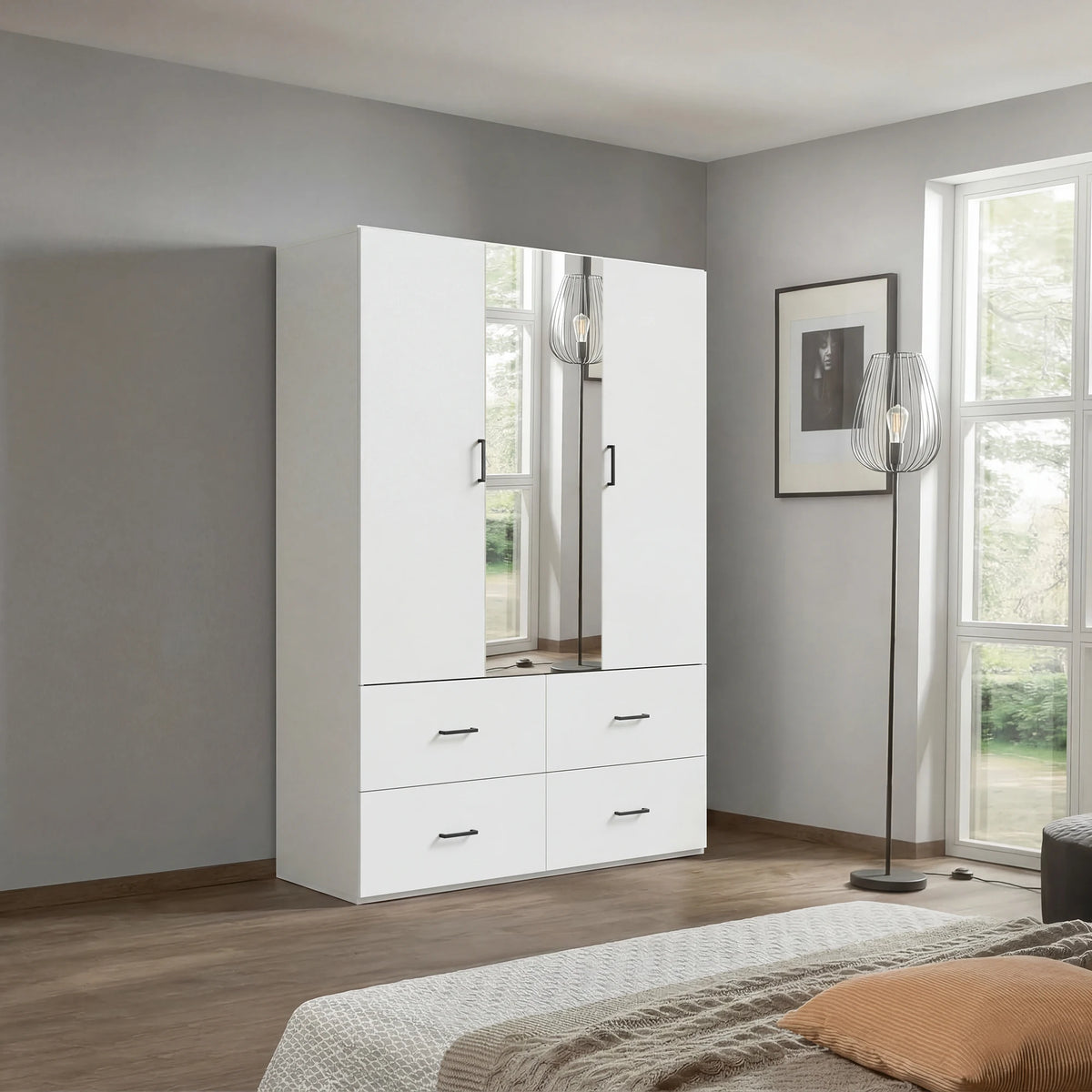 Armoire de chambre blanche moderne avec miroir et 4 tiroirs - Grand meuble de rangement et penderie pour chambre et dressing