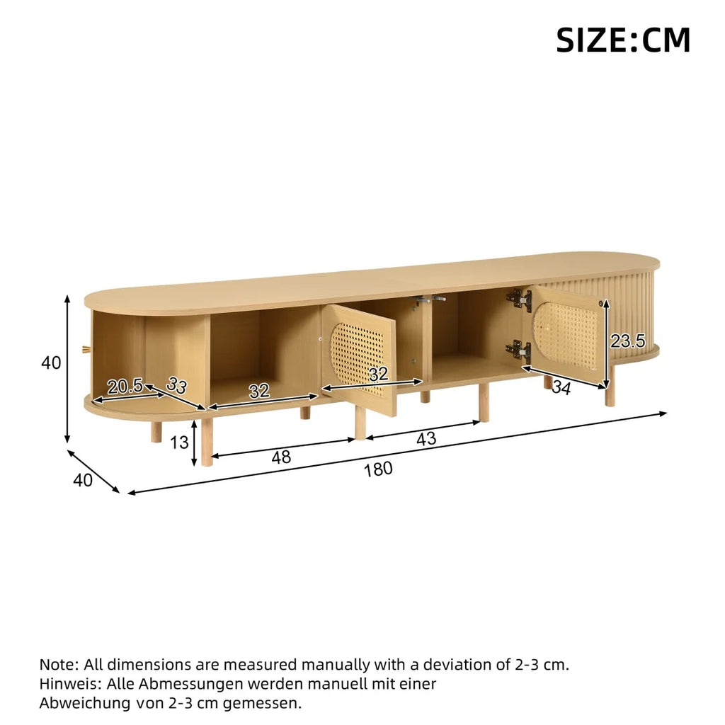 Meuble TV ovale 180x40x40 cm couleur bois clair avec design en rotin, deux portes de placard, deux portes coulissantes, meuble télé bas de salon en MDF, adapté aux téléviseurs jusqu'à 75 pouces