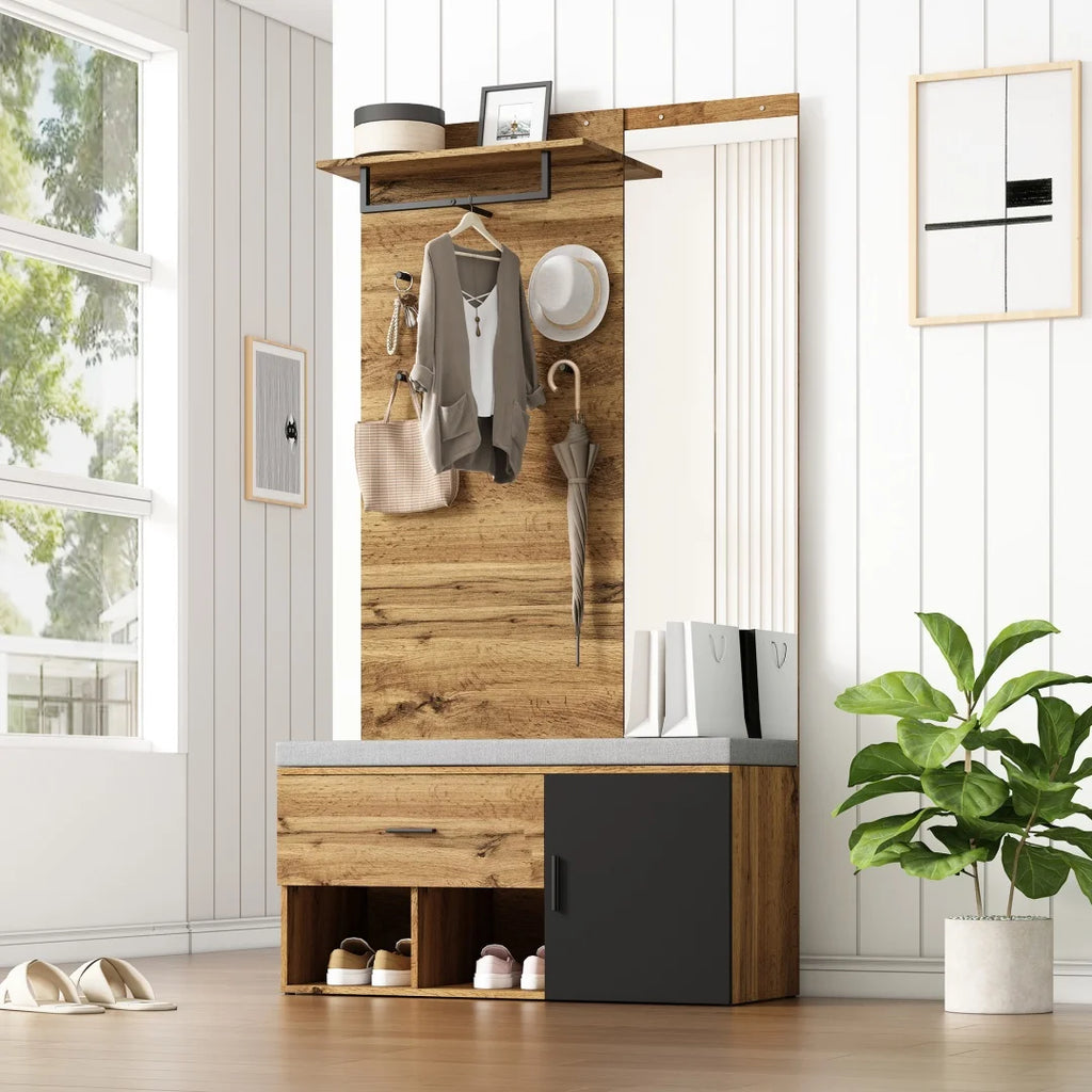 Meuble d'entrée avec miroir, banc à chaussures (104 x 39 cm) avec rembourrage, meuble à chaussures, tiroir, étagère, crochets portemanteaux – Design pratique pour l'entrée