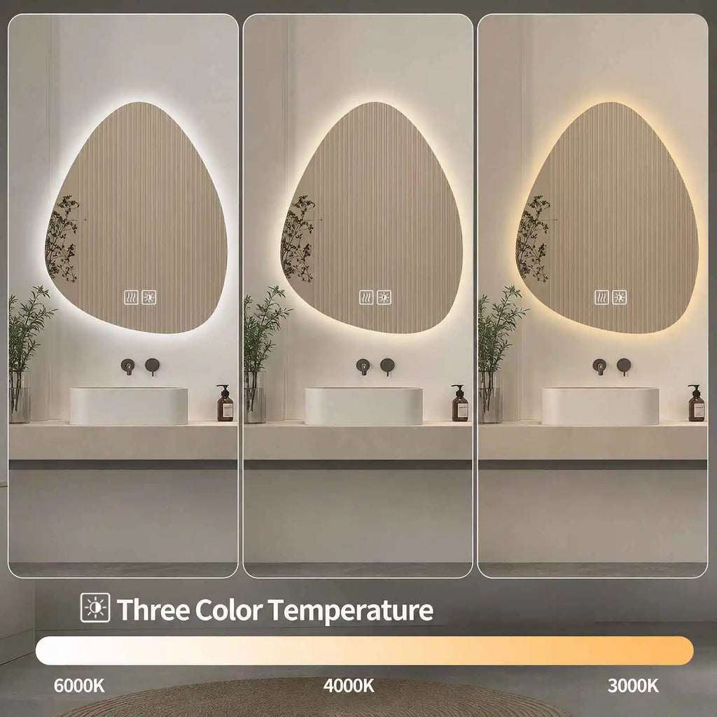 Miroir de salle de bain en forme de goutte sans cadre - Anti-buée, commande tactile et éclairage réglable à trois couleurs, idéal pour salle de bain, chambre et salons de beauté