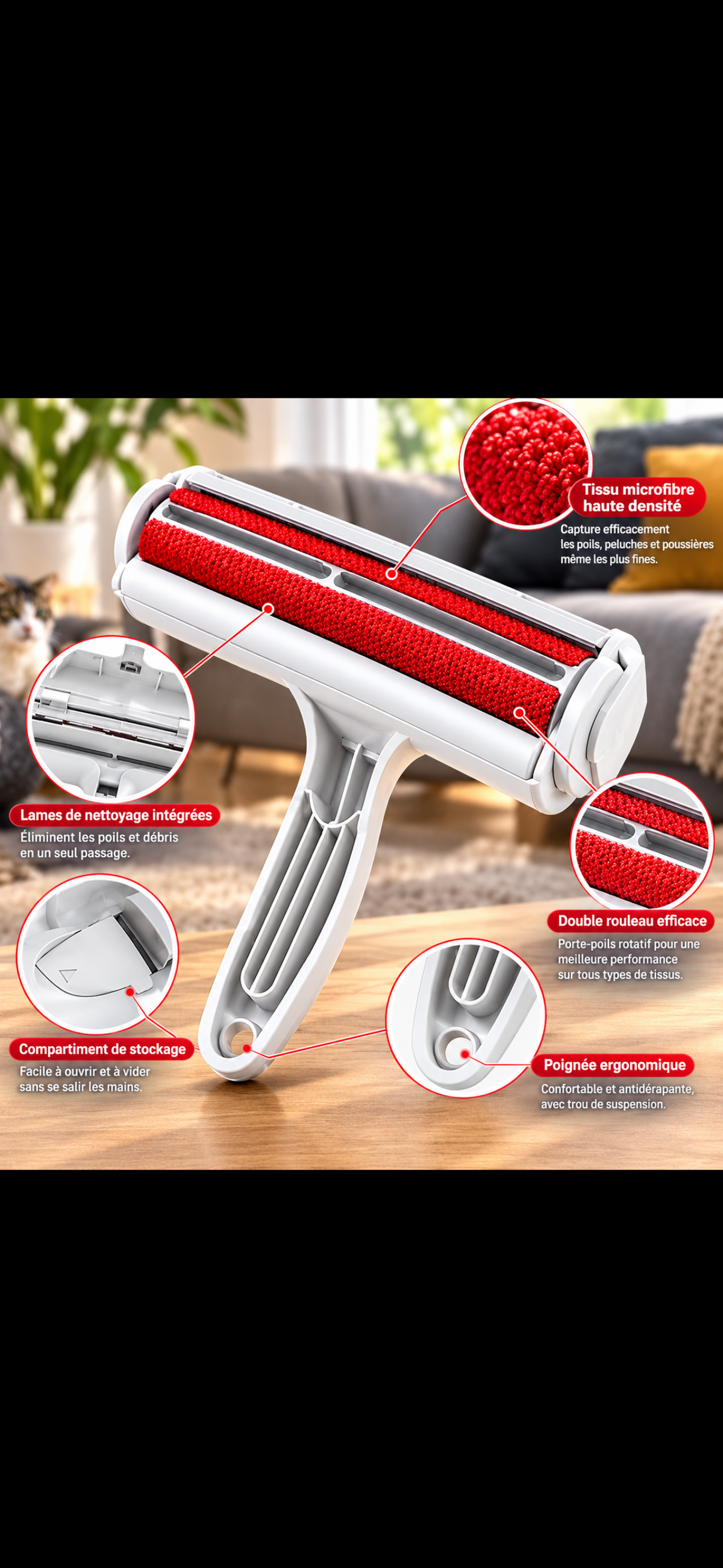 Rouleau et brosse de nettoyage anti-poils d'animaux
