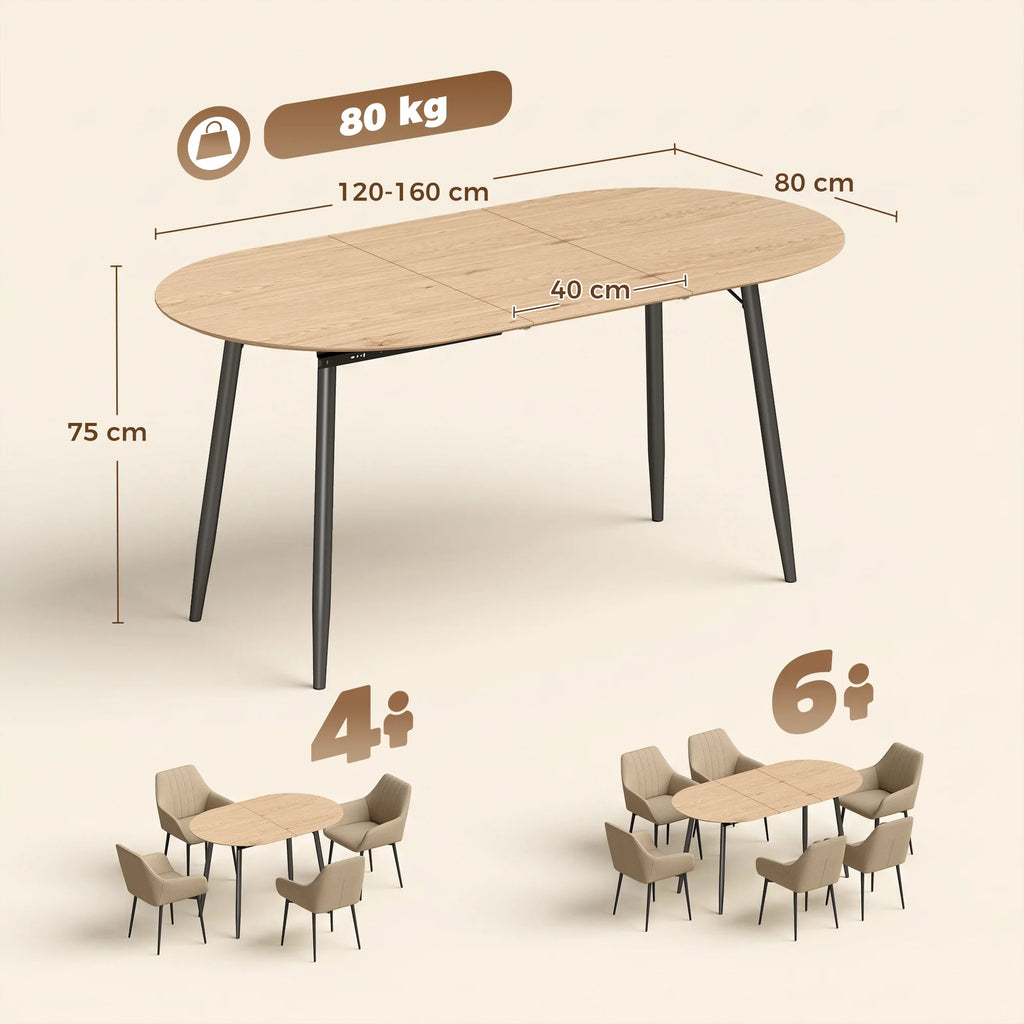 Table à manger extensible 120-160 x 80 cm pour 4 à 6 personnes, style champêtre pour cuisine et salle à manger, chêne